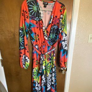 Faux Wrap Neon Printed Maxi Dress with Tie Belt - XL - NWOT